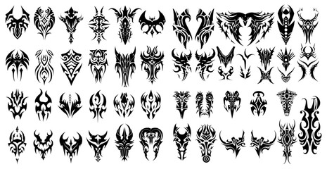 Vector Neo tribal tattoo set, abstract Hawaiian sign, Polynesian metal ornament, Maori sleeve symbol, Celtic gothic cyber body shapes kit, wing symmetry swirl