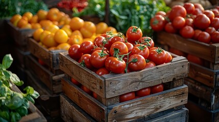 Fresh Produce Displayed in Wooden Crates at a Farmers Market