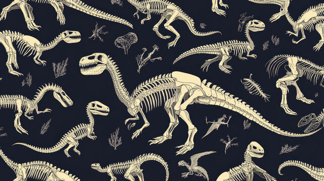 Dinosaurs skeletons silhouettes bone tyrannosaurus prehistoric animal dino bone vector flat illustration seamless pattern