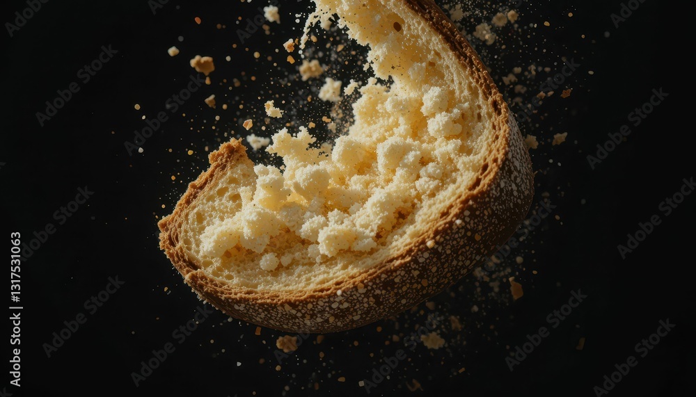 Poster crumbling slice of bread surrounded by floating bread crumbs