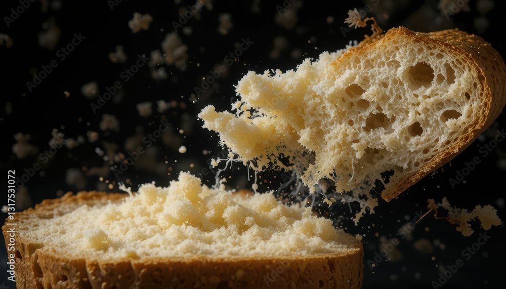 Poster crumbled bread in motion with soft texture and dark background