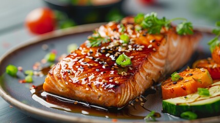 Gourmet Salmon Dish with Teriyaki Sauce and Fresh Vegetables