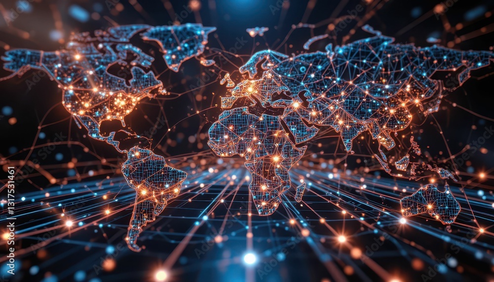 Poster digital network global map with connected nodes and lines