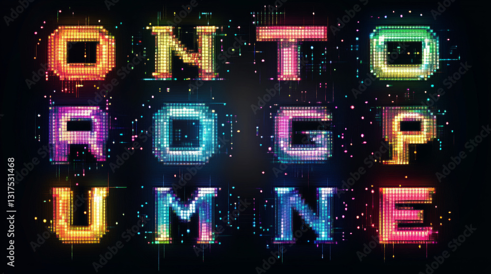 Poster pixel retro font video computer game design 8 bit letters and numbers electronic futuristic style an
