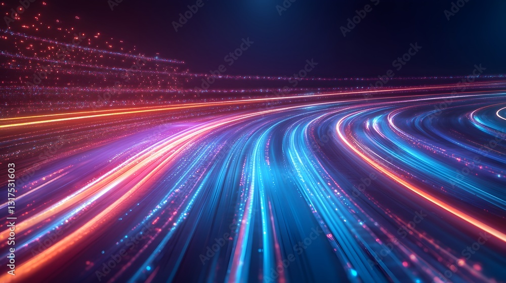 Poster glowing lines that represent technology and data transfer across a curving path, in a vibrant and dy