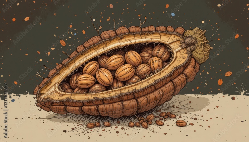 Poster artistic illustration of open cacao pod with cocoa nuts inside