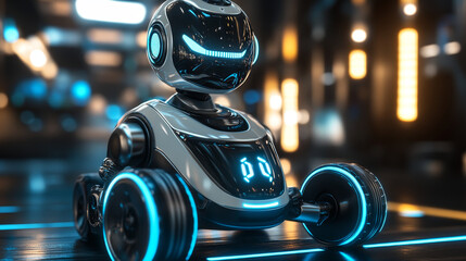 Fototapeta premium Robot with car wheel, robotic humanoids for kid party poster vector illustration. Happy birthday party welcome. Futuristic artificial intelligence technology. Electronical device.