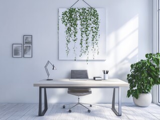 A modern office desk with plants and artistic wall decorations