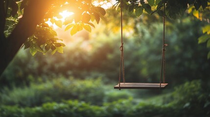 Wooden swing hanging from a tree branch in a peaceful forest setting with green foliage and soft sunlight during golden hour.