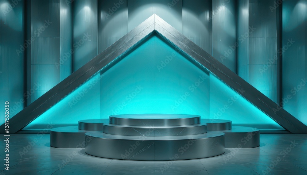 Poster modern stage design with triangular elements and teal lighting