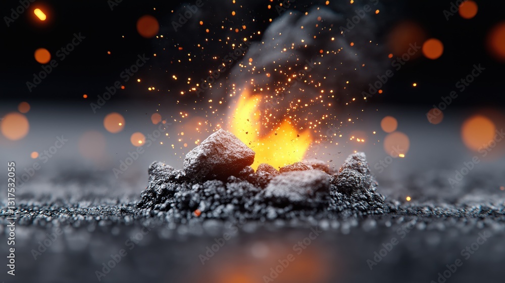 Aufkleber fiery sparks and glowing ashes emerge from a burning pile of rocks in an abstract setting