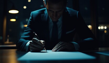 Nighttime Deal Signing: Businessman in Suit Concentrates on Contract