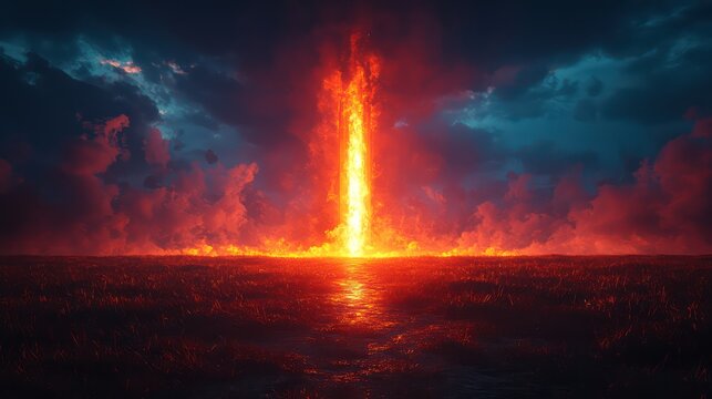 A towering column of fire bursts from the fiery ocean landscape