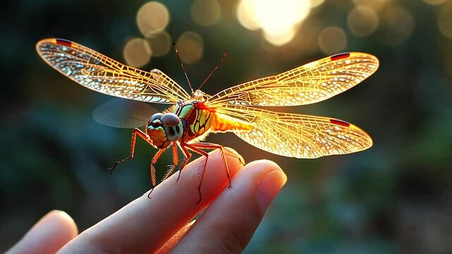Close-up of a vibrant dragonfly perched on a hand, glowing in sunlight