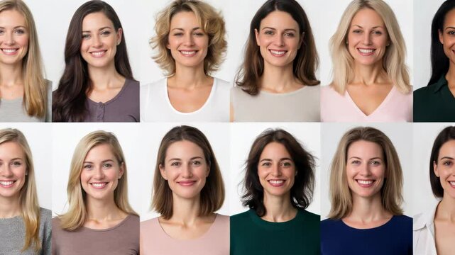 realistic video many attractive young women. The background is white. The portraits style are usually used for passport photography. looking at camera and looking around