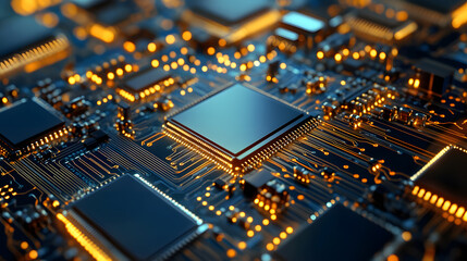 Close-up of Computer Microprocessor Circuit Board with Glowing Lights