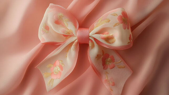 An artistically crafted organza ribbon bow with delicate floral embroidery, featuring soft pastel hues blending seamlessly with fine golden highlights - Powered by Adobe