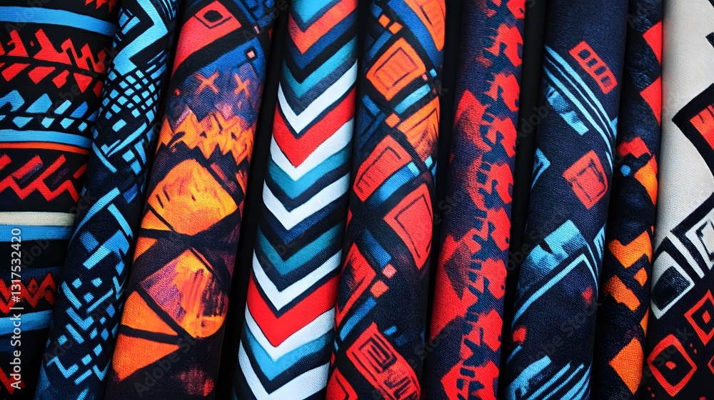 Poster a close-up shot showcasing colorful, patterned fabrics arranged in rolls, creating a visually striki