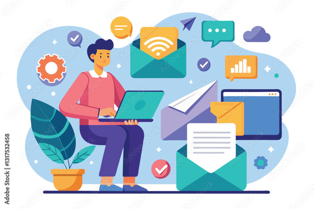 Poster a person uses a laptop to send data via email, surrounded by various digital communication icons, se