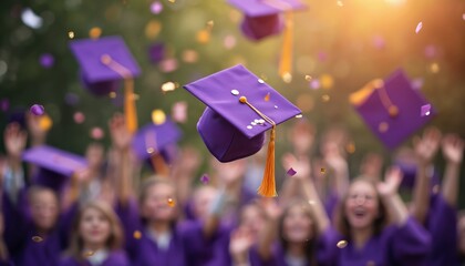 Group of students throw graduation caps and confetti into air celebrating commencement. Graduates in purple gowns rejoice with joy, blurred faces, symbolizing academic achievement, ending of college.