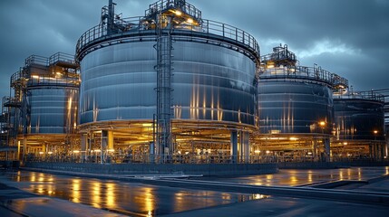 Obraz premium Industrial storage tanks illuminated at night