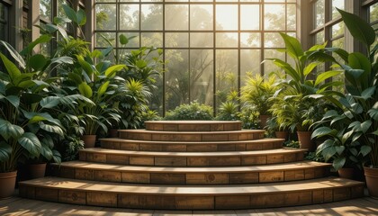 Lush Green Plants Inside a Serene Sunlit Indoor Garden Space