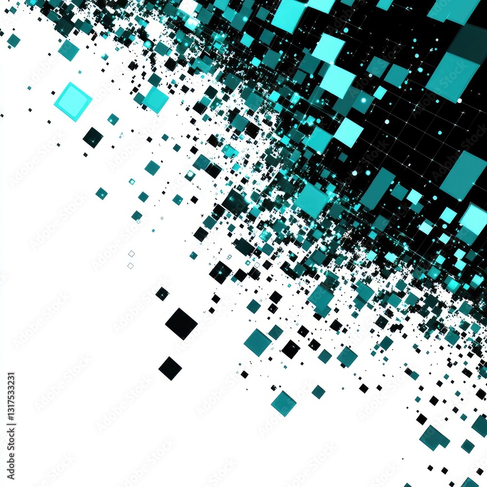 Poster a digital abstract pattern of moving glowing cubes and lines, isolated on white, representing digita
