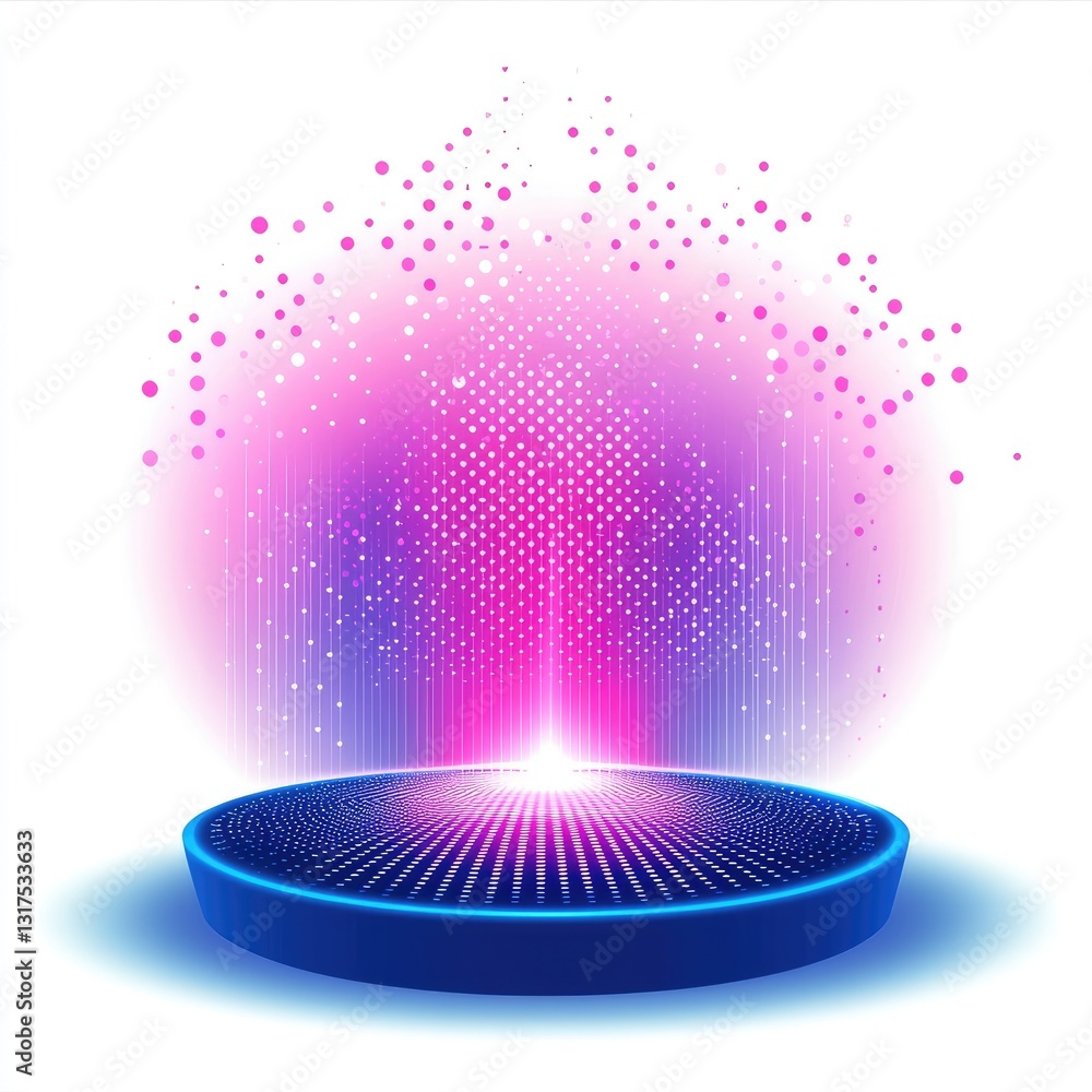 Poster a digital digital neon effect with glowing dots and soft gradients, floating against a white backgro