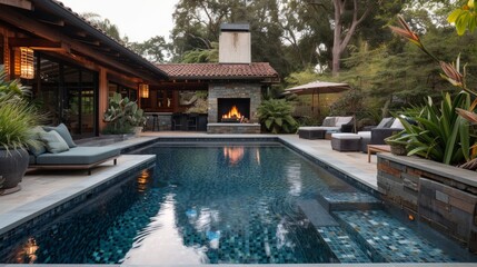Fototapeta premium Luxurious Outdoor Living Space with Pool, Fireplace, and Comfortable Seating