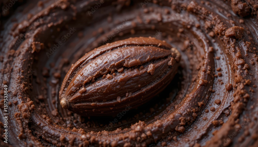 Poster close-up view of rich chocolate texture with cocoa bean focus