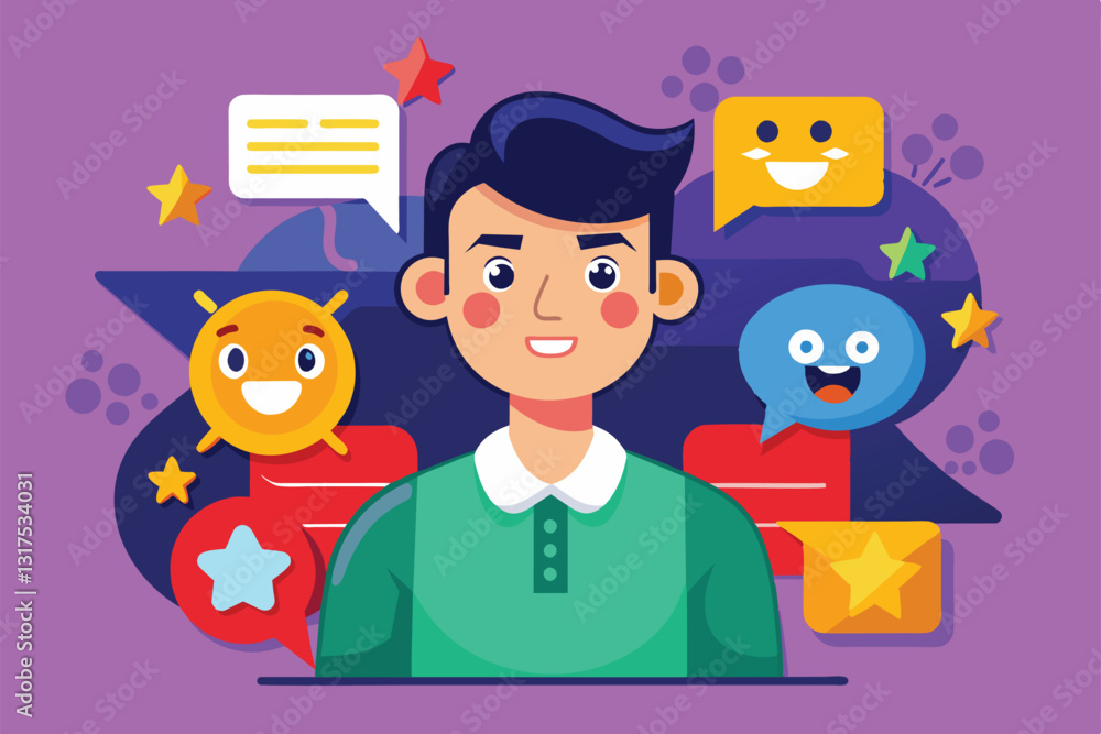 Poster a cartoon character displays various emoticons and text bubbles reflecting sentiment analysis concep