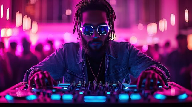 A male dj plays music at a colorful nightclub event