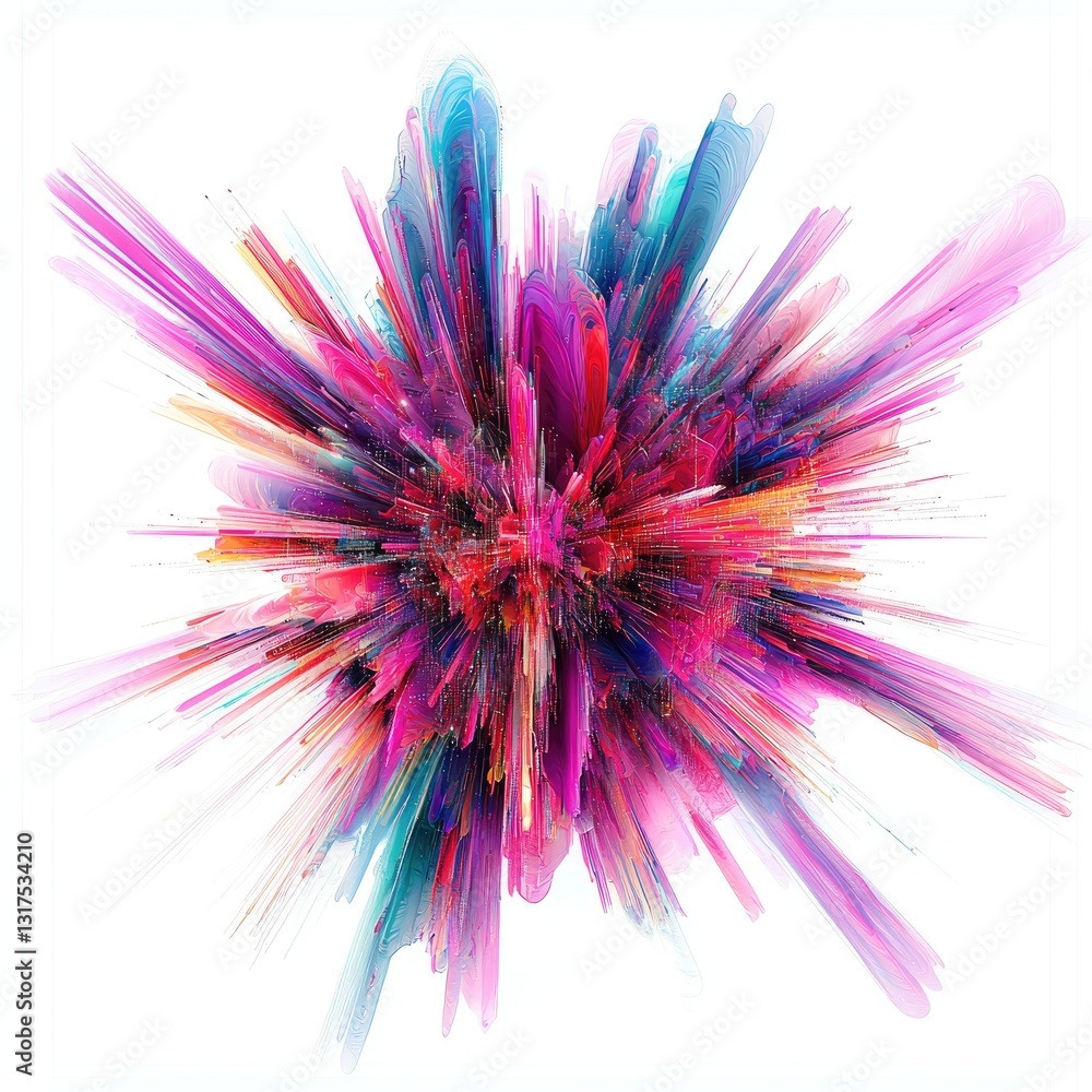 Poster a digital burst of data particles exploding outward, isolated on a white background to symbolize tec