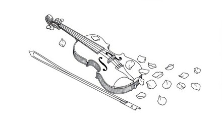 Obraz premium Minimalist Line Drawing of Violin with Falling Rose Petals