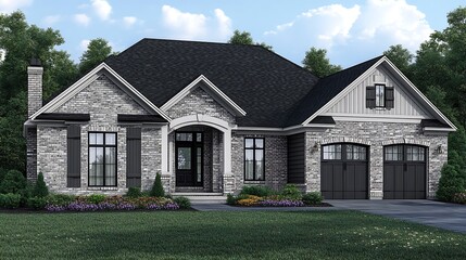 Stone and shingle luxury home exterior.