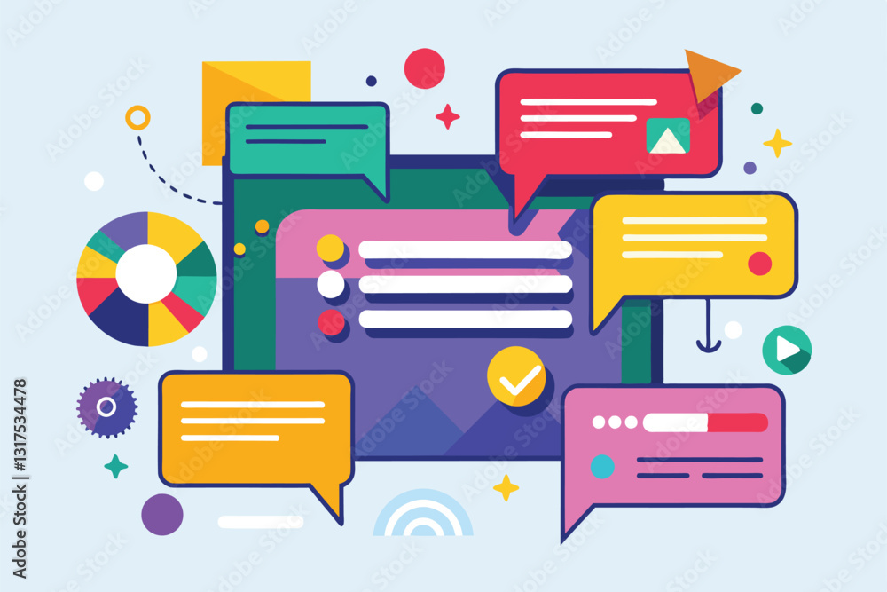 Poster various colorful speech bubbles and icons illustrate customizable messages in a digital communicatio