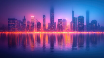 Fototapeta premium A vibrant city skyline reflects in the tranquil water at night