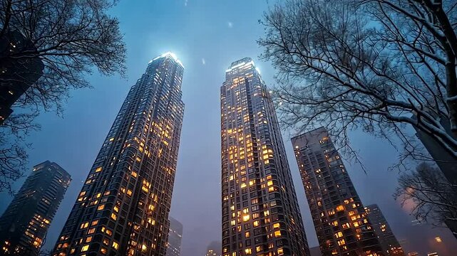 Tall skyscrapers illuminated at dusk with glowing windows and trees