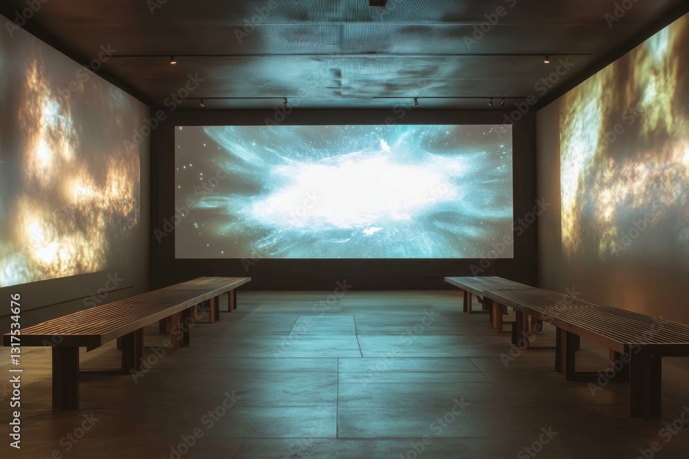 Poster Room displaying a large projection on the wall . A spacious room featuring multiple large screens displaying various images of Buddhas.