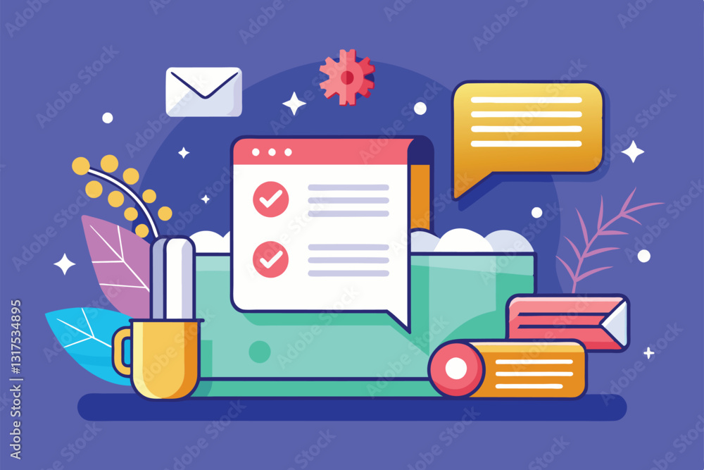Poster a vibrant design featuring a messaging interface with checklists, chat bubbles, and communication sy