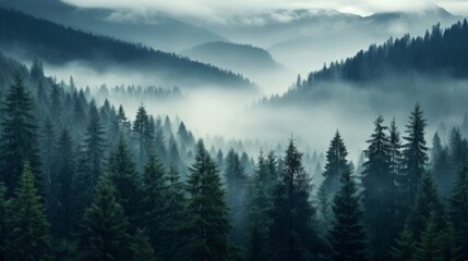 Fototapeta premium Misty Forest Landscape with Evergreen Trees and Rolling Hills