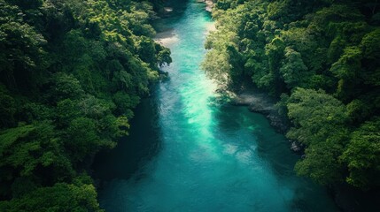 Aerial View of a Serene River Flowing Through Lush Tropical Rainforest