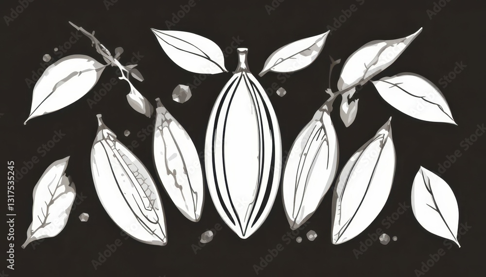 Poster hand-drawn cocoa pod and leaves on dark background in vector style
