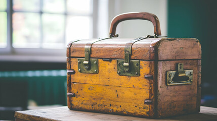 Antique wooden suitcase on table near window, travel memories, vintage luggage
