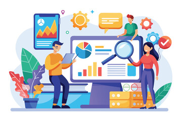 A diverse team actively analyzes SEO metrics and creates strategies in a vibrant and customizable workspace, Seo analytics team Customizable Semi Flat Illustration