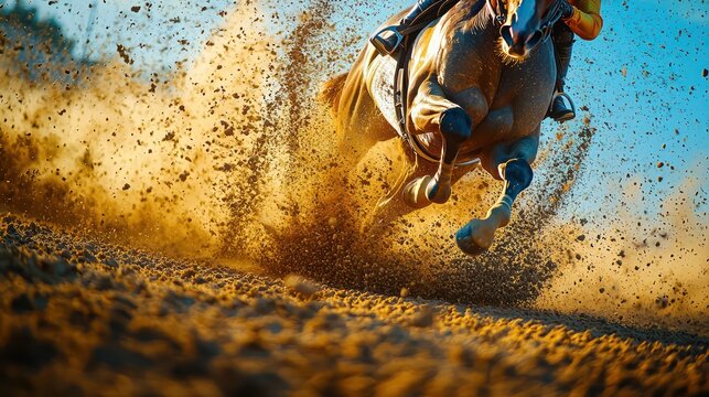 A horse galloping and kicking up sand during a race - Powered by Adobe