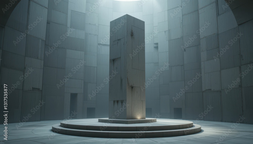 Poster abstract monolith in a dimly lit circular space with textured walls