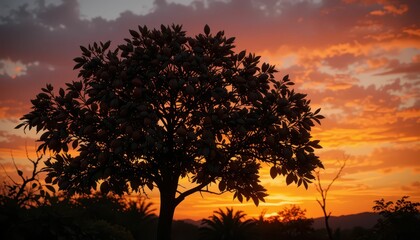Beautiful Silhouette of Tree Against Vibrant Sunset Sky