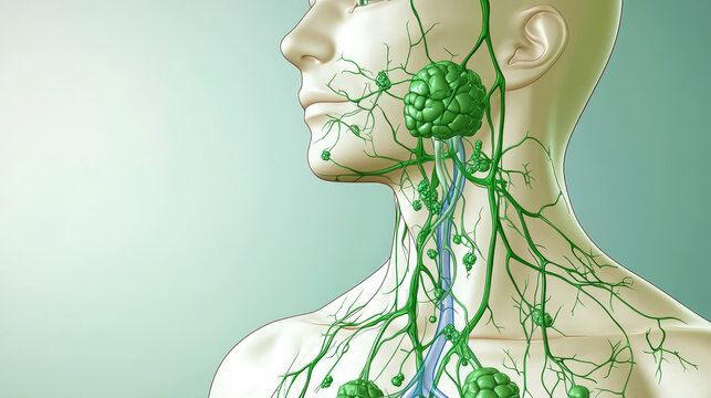 Lymphatic system anatomical vector illustration diagram, educational medical scheme with lymph nodes and tissue fluid circulation flow. 