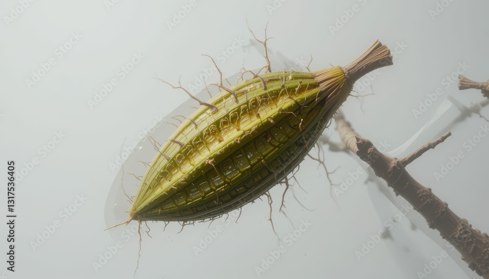 Poster unique green seed pod with intricate patterns and root structures